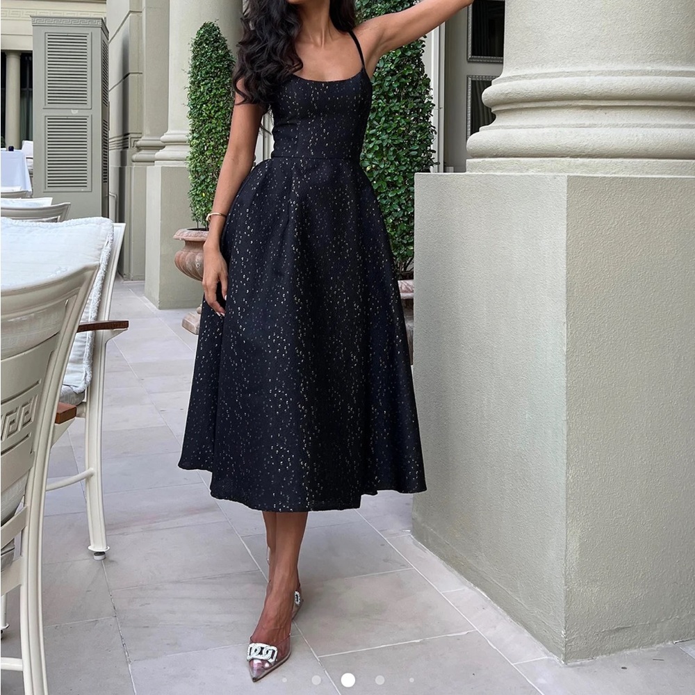 Post Meridiem Black and Gold Midi Dress